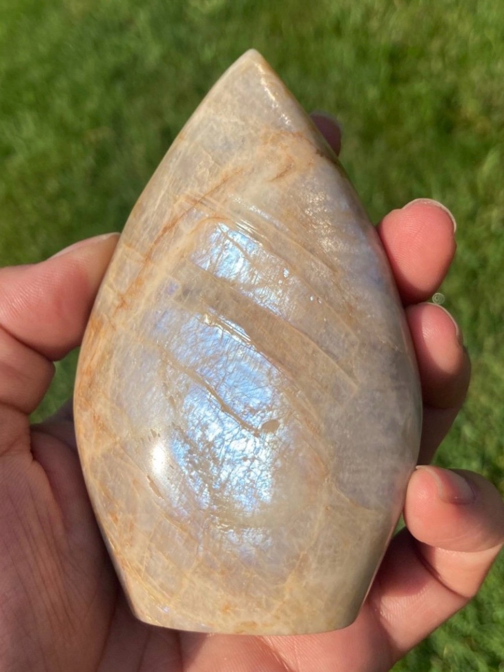 Sunstone Moonstone teardrop shaped freeform with Labradoresence flash